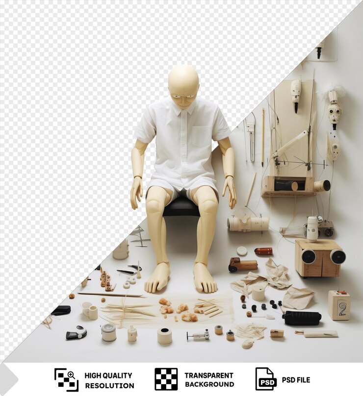PSD psd picture puppet making and performing set up in front of a white wall with a white toy and a white leg visible in the foreground