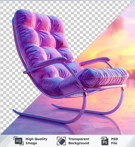 Psd picture of a purple rocking chair on tiled floor under blue sky with pink leg in view