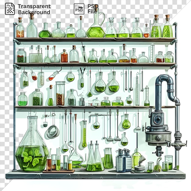 Psd picture realistic photographic chemists laboratory equipment displayed on a white wall featuring a green pipe and a glass bottle