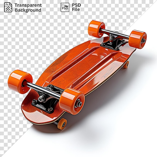 Foto psd skateboard fotografico realistico skateboard con ruote arancione e una ruota rossa e arancione con un'ombra sullo sfondo