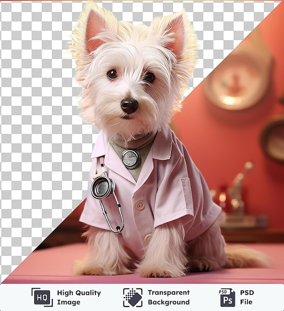 PSD psd picture realistic photographic veterinarian _ s pet care a white dog with a black nose and brown and black eye sits on a pink table in front of a red wall wearing