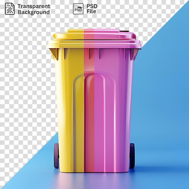 PSD psd picture recycling bins with black and pink wheels sit on a blue table against a clear blue sky with a yellow top visible in the background