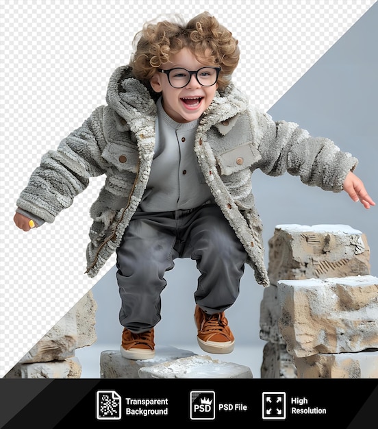 PSD psd picture resolute boy overcoming an invisible obstacle while wearing a gray shirt black glasses and brown shoes with curly hair and a hand visible in the foreground png