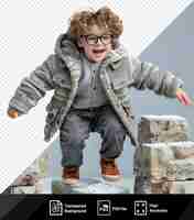 PSD psd picture resolute boy overcoming an invisible obstacle while wearing a gray shirt black glasses and brown shoes with curly hair and a hand visible in the foreground png