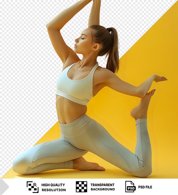 PSD psd picture serene yogi with tied back hair in yoga clothes performing an invisible asana against a yellow wall with her bare feet and hands visible and her brown hair flowing in png