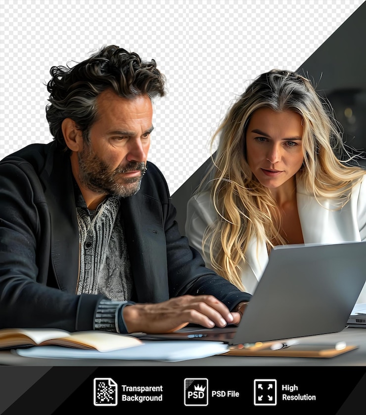 PSD psd picture serious man and his focused female colleague seated at the table typing on their laptops with the man sporting a gray beard and curly hair and the woman sporting long blond hair png