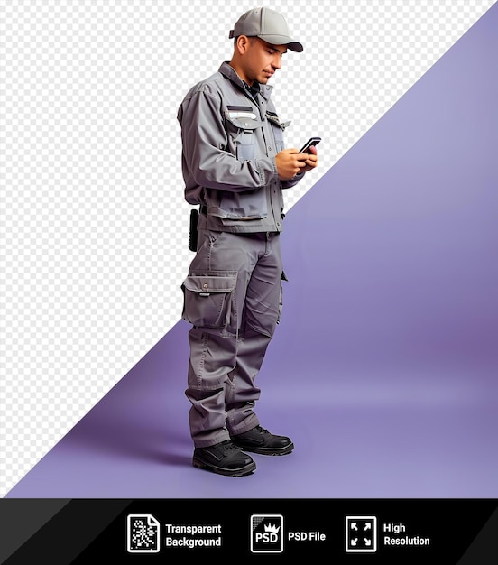 PSD psd picture serviceman reading something on his cellphone in a client apartment wearing a gray jacket and pants with black shoes against a purple wall with a hand visible in the png psd