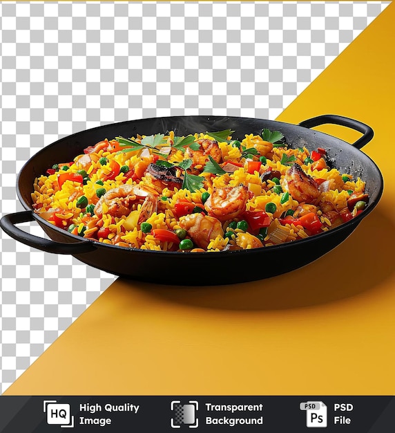 PSD psd picture sizzling skillet of paella with chicken and vegetables served on a yellow table with a black handle and shadow in the background