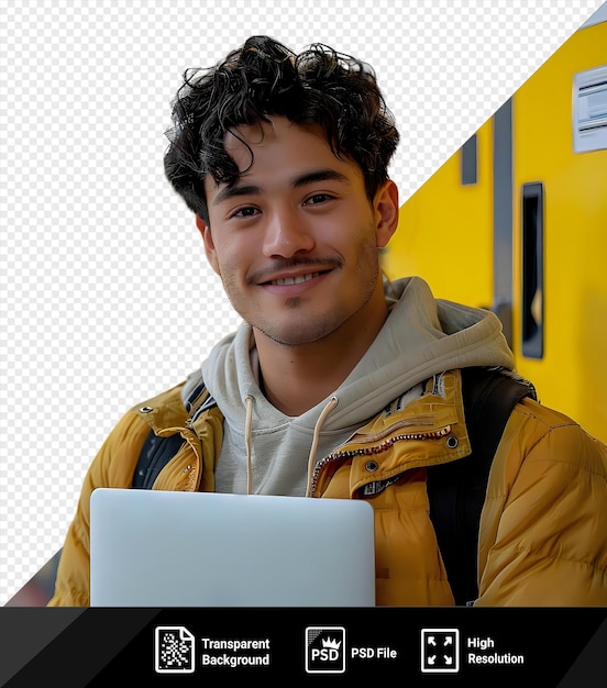 PSD 笑顔の素敵な黒の若い男性従業員と彼のノートパソコンがセクションのロッカーに寄りかかっている png