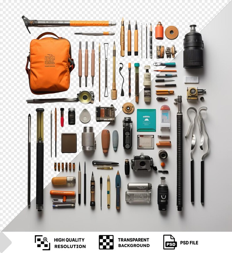 PSD psd picture street art tools and supplies set displayed on a transparent background including a black camera orange bag silver and black watch and orange pen
