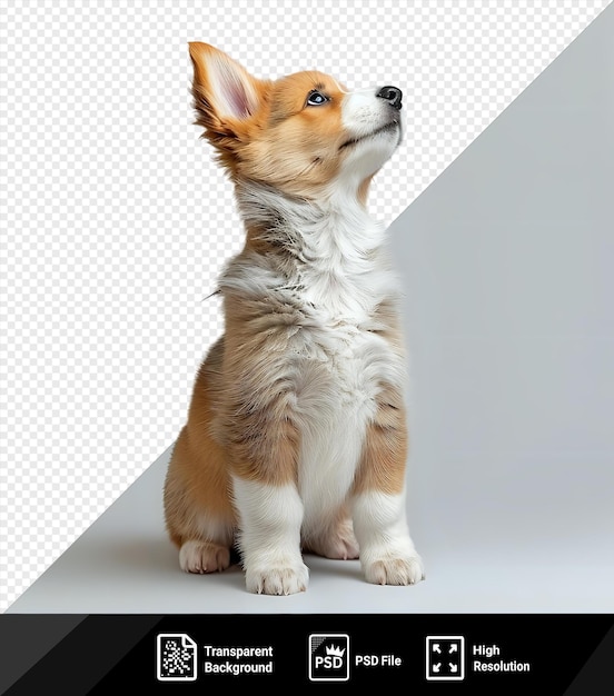 Psd picture studio портрет pembroke welsh corgi щенка, стоящего на задних ногах с заостренными ушами черный нос и коричневые и голубые глаза щенки белая голова и png psd