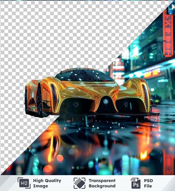 PSD psd picture of a supersport car in cyberpunk city with neon lights featuring black tire and neon