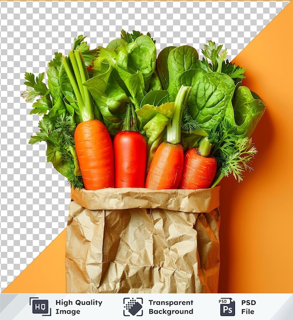PSD オレンジ色の背景のリサイクル可能な紙袋のモックアップの野菜のトップビュー