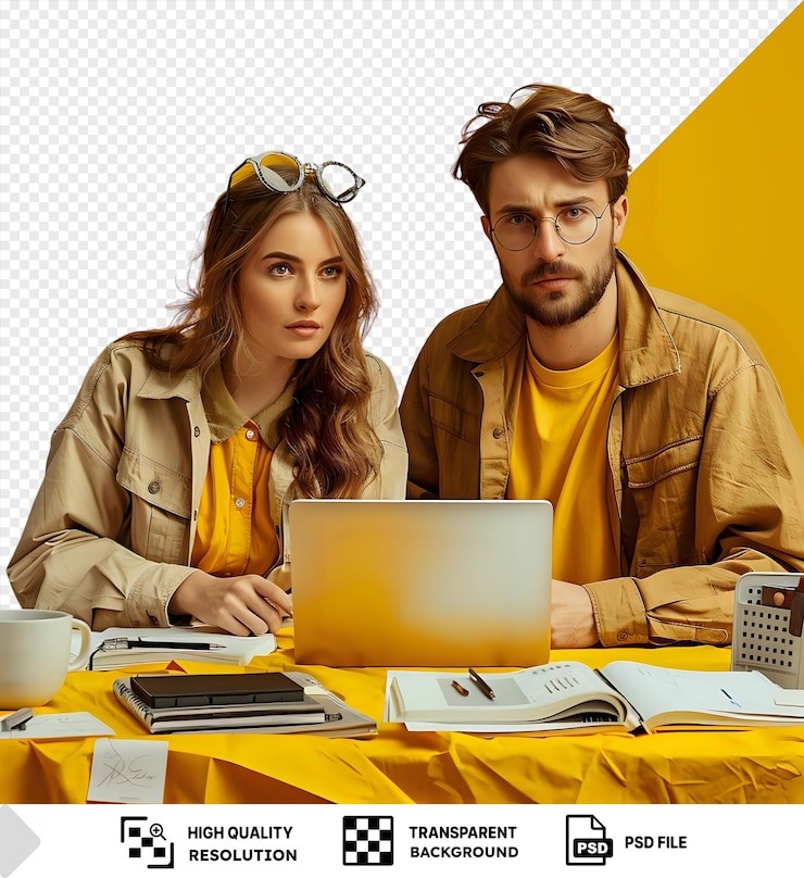 PSD psd picture two office workers focused on their work one with a brown beard and glasses the other with long brown hair and a yellow shirt they sit at a yellow table with an open png