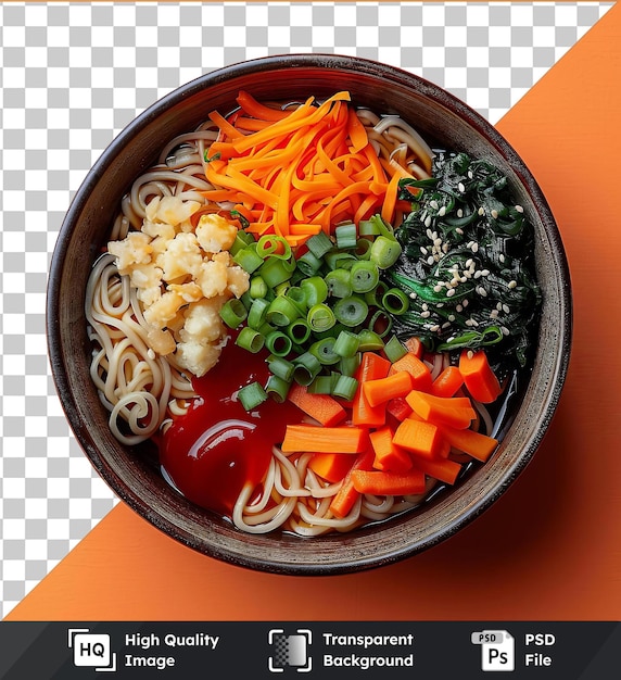 PSD psd picture vegetable soba noodle soup with sliced carrots and red ketchup in a wooden bowl