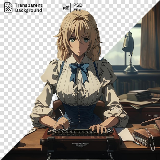 Psd picture violet evergarden from violet evergarden sits at a wooden desk typing on a black keyboard while a silver lamp illuminates the room a large window provides natural