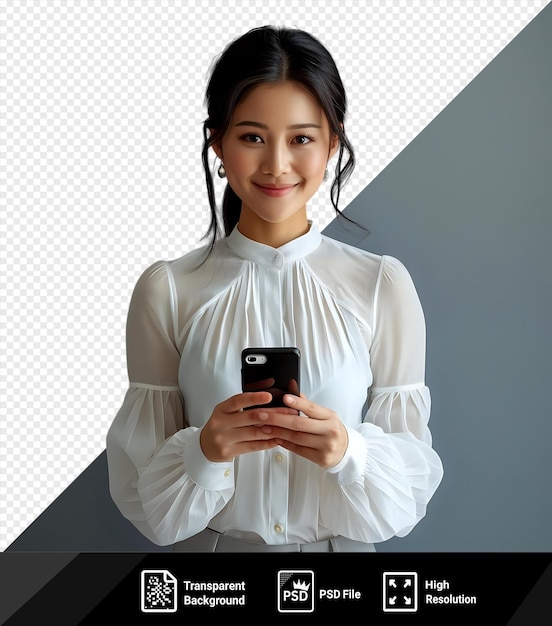 PSD psd picture a woman in white blouse with a phone in hands looking happy png