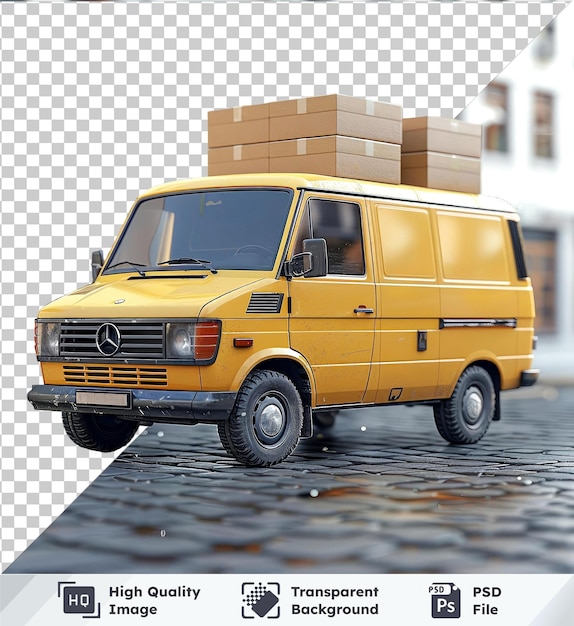 PSD Желтый грузовой фургон с картонными коробками для доставки припаркован перед белым зданием со стеклянными окнами фургон имеет черные шины черно-желтую решетку и черное зеркало