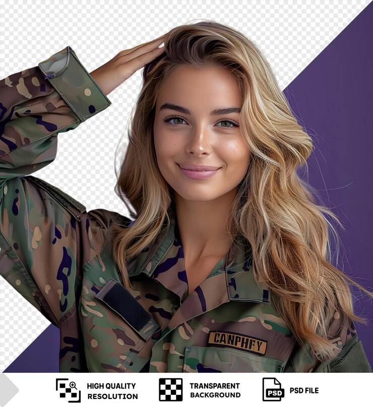 PSD psd picture young blonde woman smiling confident doing military salute on purple background