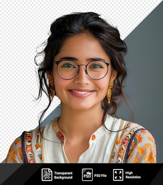 PSD psd picture young indian woman smiling for the camera wearing a white shirt black glasses and gold earrings with brown hair and blue and green eyes png psd