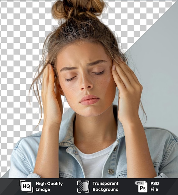 PSD psd picture young overthinking sick depressed stressed sad tired woman 20s wear casual stylish denim shirt white t shirt pinching nose bridge have a headache stylish