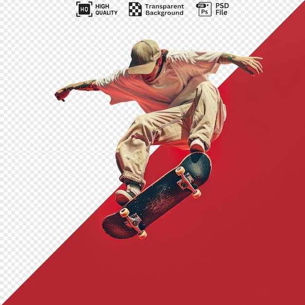 PSD immagine psd giovane skateboarder professionista che esegue un trucco di salto su uno skateboard nero con ruote gialle e bianche indossando pantaloni khaki e marrone e estendendo il braccio per l'equilibrio png