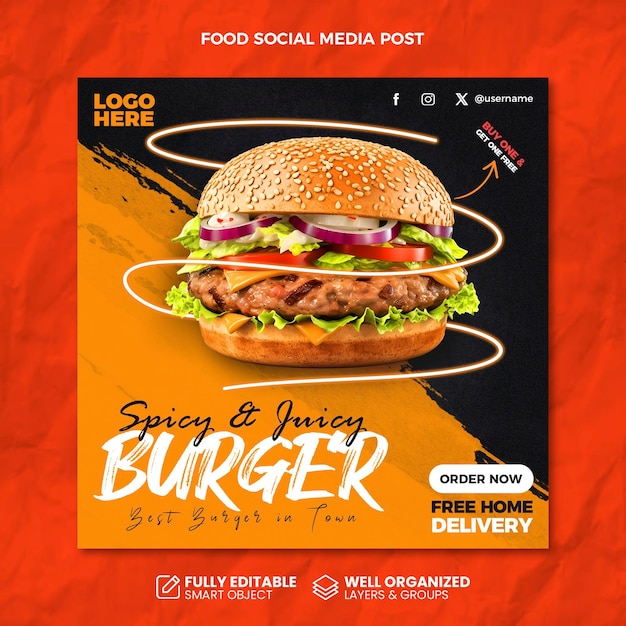 PSD pikantny i soczysty burger fast food promocja w mediach społecznościowych i szablon projektu postu internetowego