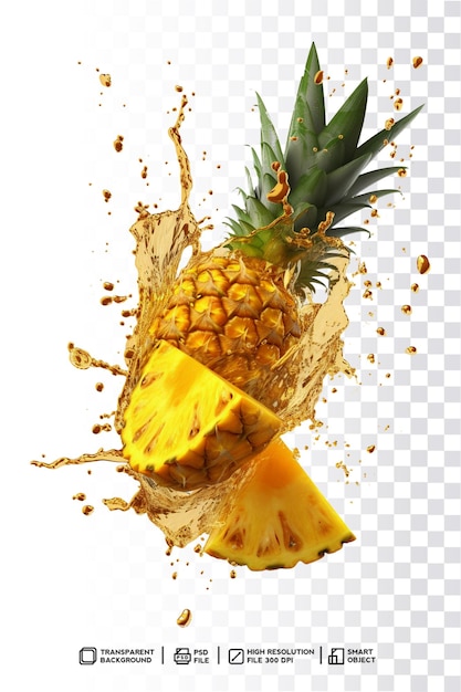 PSD psd vortice di gocce di schizzi di ananas con liquido giallo reso su sfondo trasparente