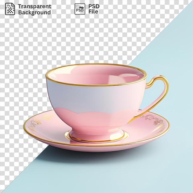 PSD psd a pink cup and saucer sit on a blue table casting a dark shadow