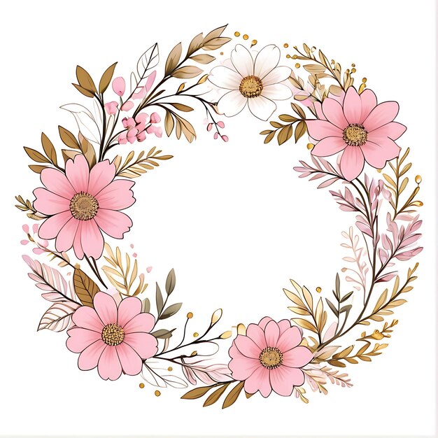 Psd розовый цветочный венок с круглой рамкой и листьями украшение цветочный цветный фон