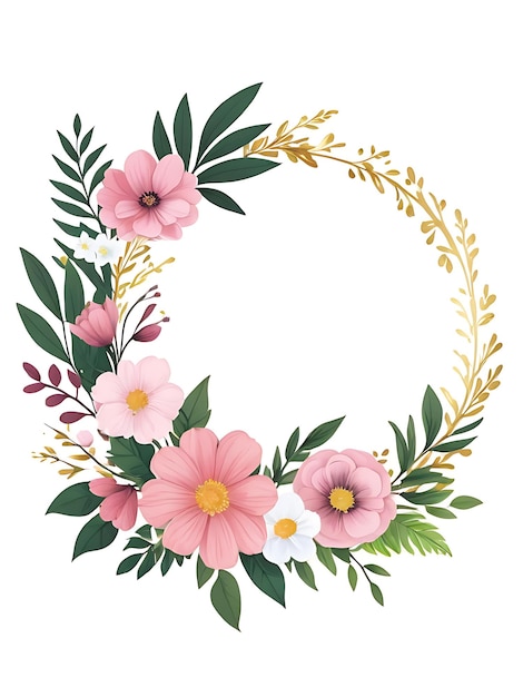 ピンク色の花束 円のフレームと葉の装飾 花のフレームの背景