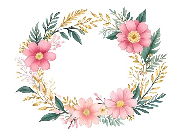 Psd ghirlanda floreale rosa con cornice circolare e foglie ornamento sfondo fiore