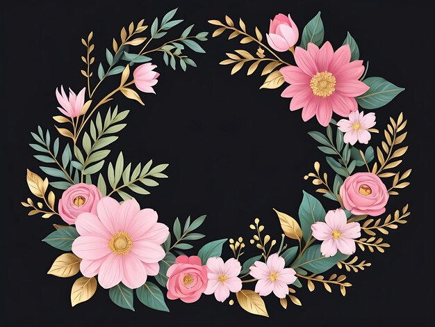 PSD psd pink floral wreath with circle frame and leaves ornament flower background