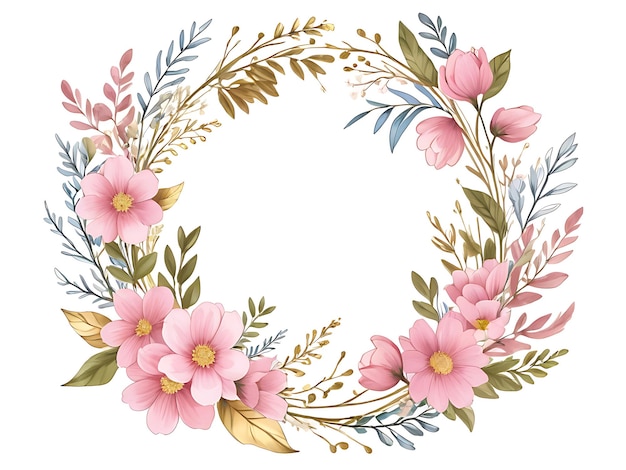 PSD psd pink floral wreath with circle frame and leaves ornament flower background