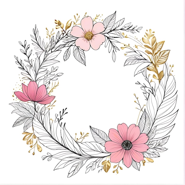 PSD psd pink floral wreath with circle frame and leaves ornament flower floral frame background