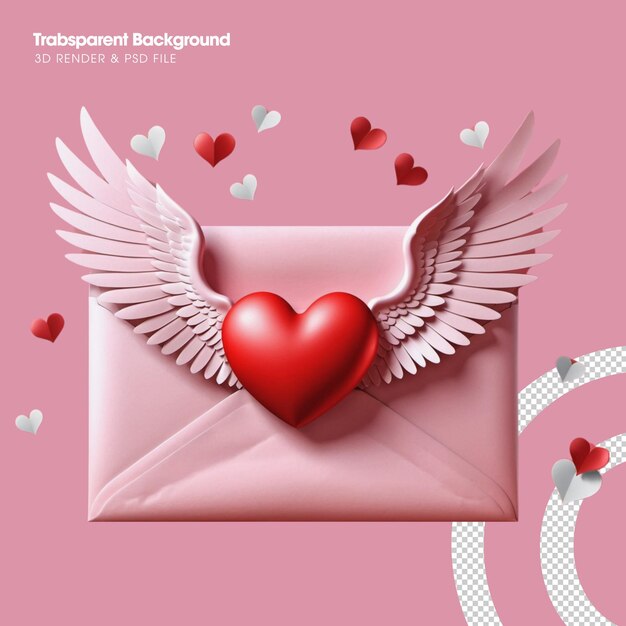PSD Розовый бумажный конверт с ангельскими крыльями и красным сердцем реалистичный 3d дизайн поздравления