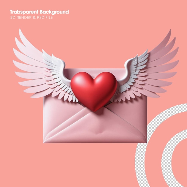 PSD psd pink paper envelope with angel wings and red heart realistic 3d design congratulations