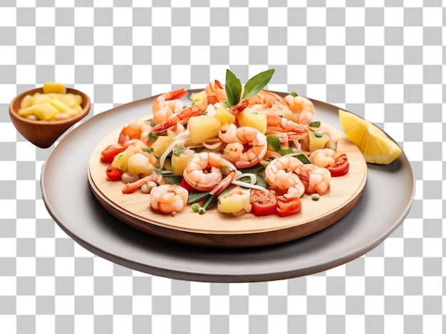 PSD psd of a pinsa romana with shrimps and pineapple on wooden plat