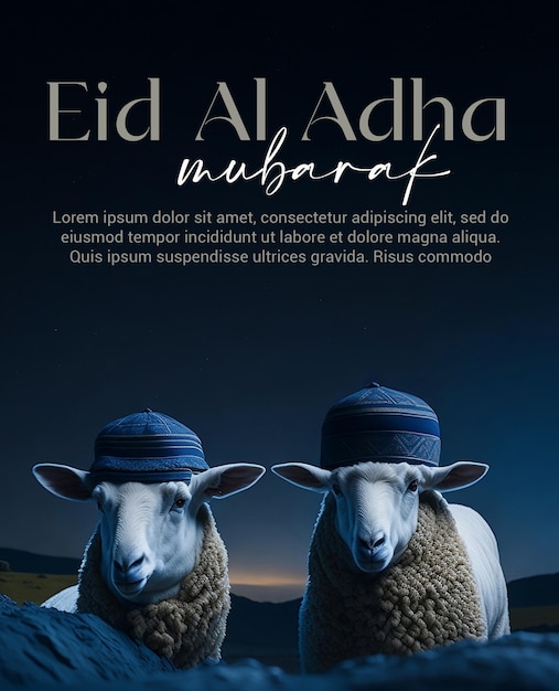 PSD psd plakat powitalny eid al adha z modnymi owcami w muzułmańskiej czapce szablon plakatu eid ul adha
