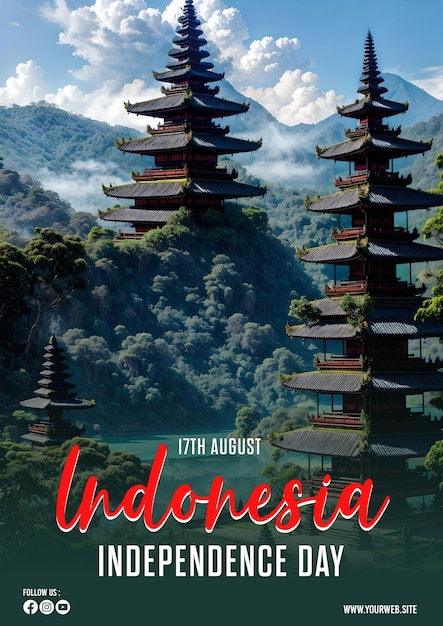 PSD psd plakat z okazji dnia niepodległości indonezji z tłem świątyni na bali