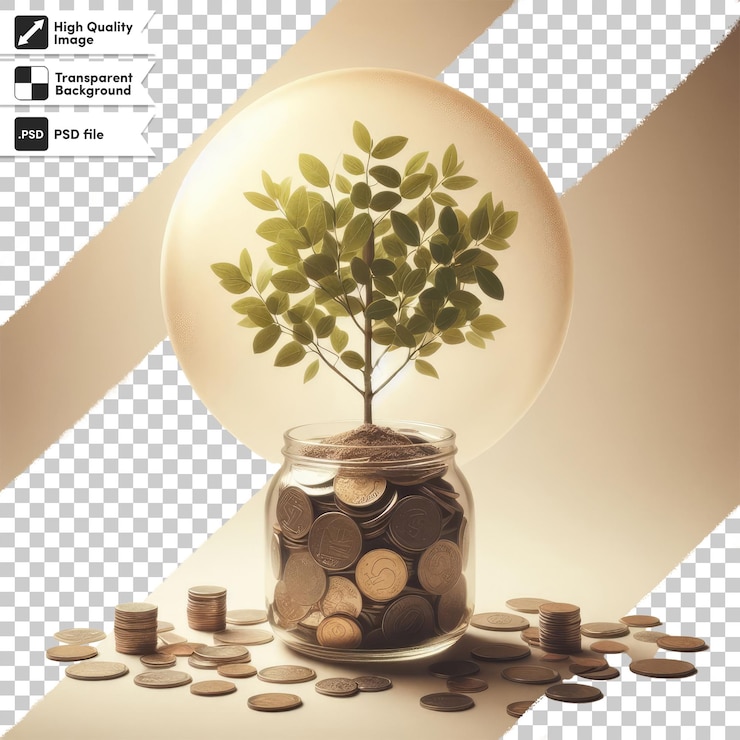 PSD psd a plant growing from a pile of coins on a table on transparent background