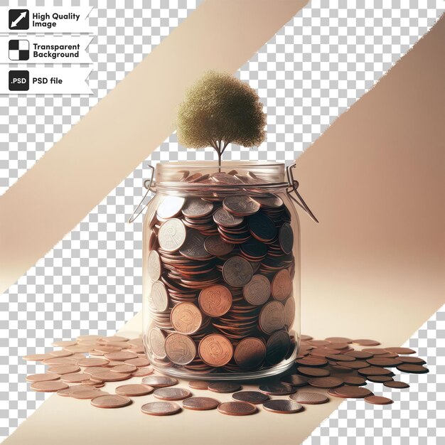 PSD psd a plant growing from a pile of coins on a table on transparent background