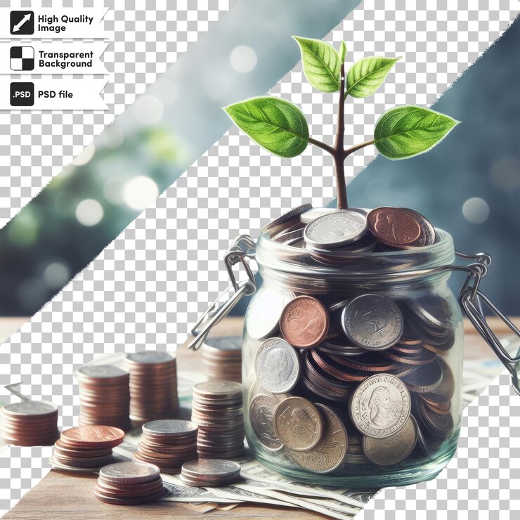 PSD psd a plant growing from a pile of coins on a table on transparent background