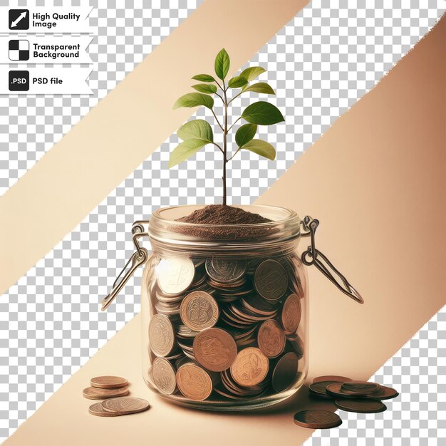 PSD psd a plant growing from a pile of coins on a table on transparent background