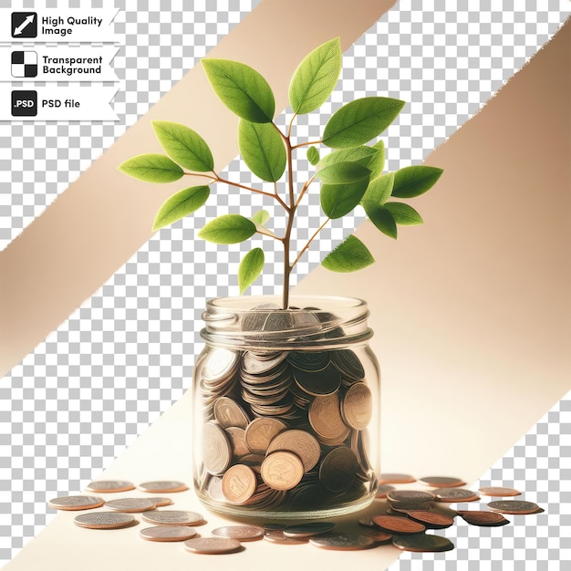 PSD psd a plant growing from a pile of coins on a table on transparent background