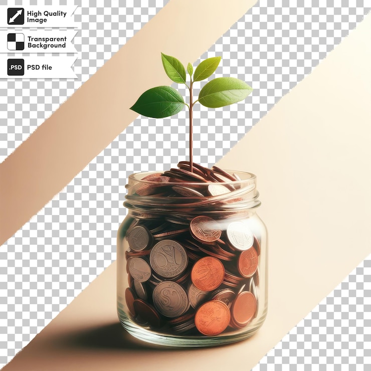 PSD psd a plant growing from a pile of coins on a table on transparent background