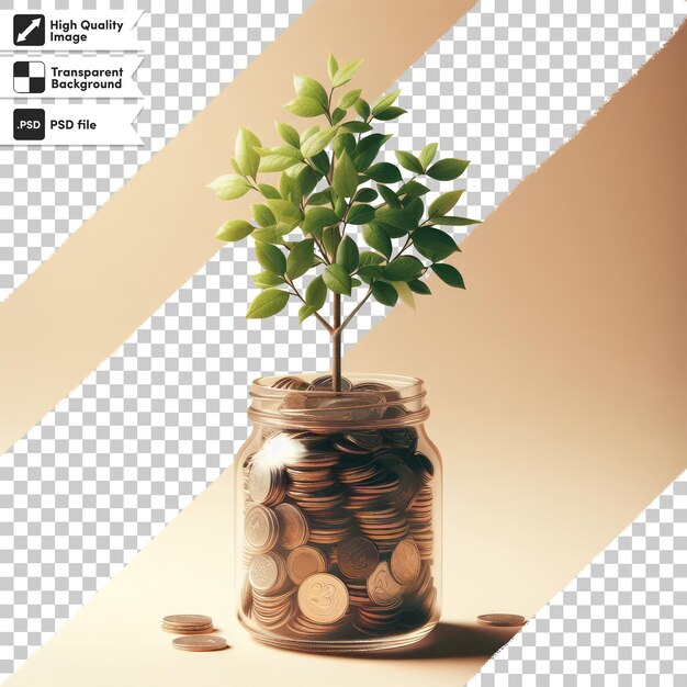 PSD psd a plant growing from a pile of coins on a table on transparent background