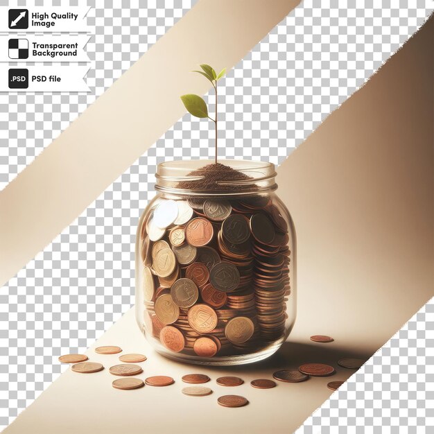 PSD psd a plant growing from a pile of coins on a table on transparent background