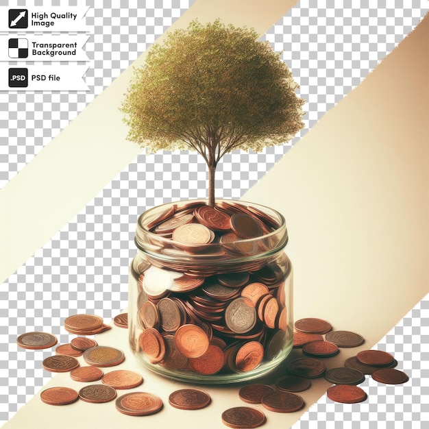 PSD psd a plant growing from a pile of coins on a table on transparent background