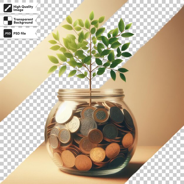 PSD psd a plant growing from a pile of coins on a table on transparent background